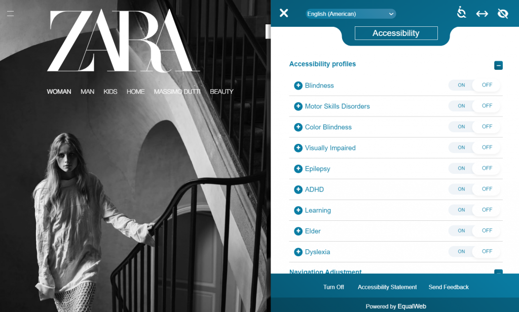 The EqualWeb accessibility remediation tool on Zara's homepage