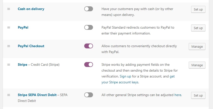 Some of the payment options supported by WooCommerce.