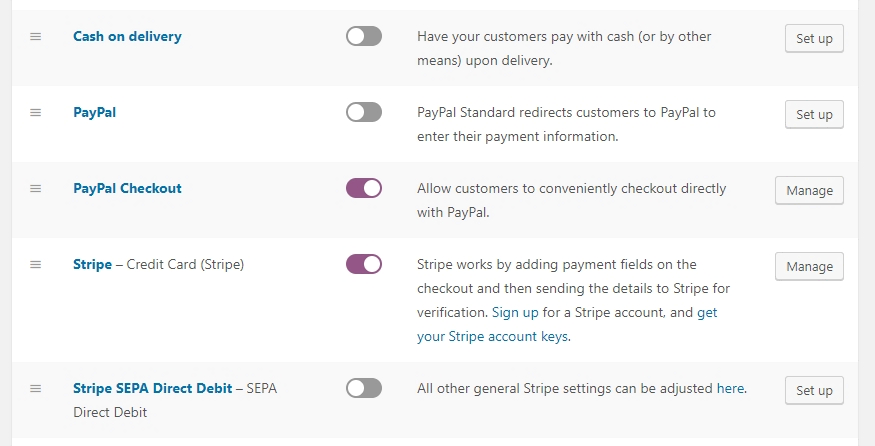 Some of the payment options supported by WooCommerce.