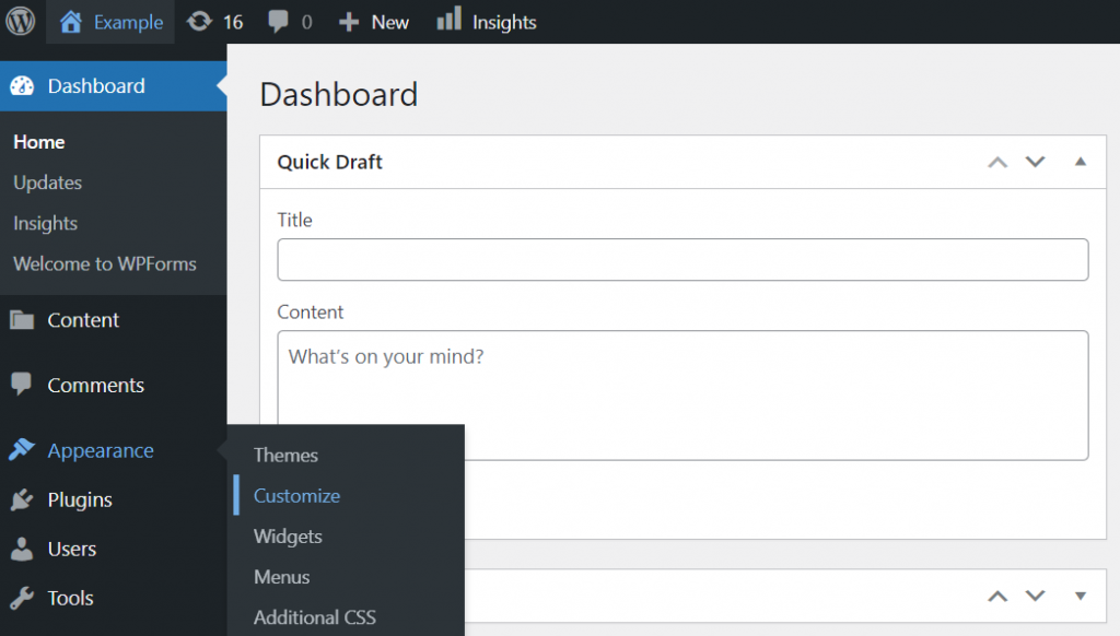 WordPress' dashboard with Appearance and Customize menus highlighted