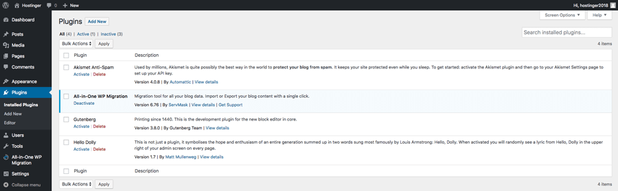 Checking installed plugin in WordPress dashboard