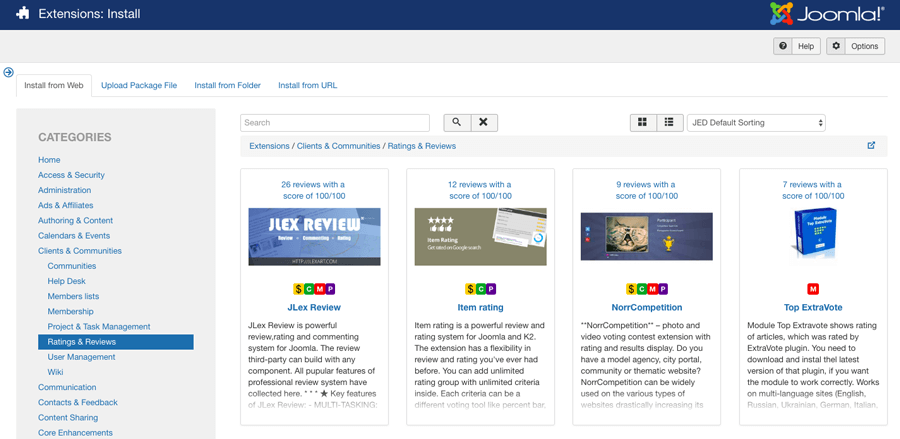 The extension library in Joomla admin area