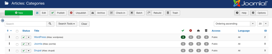 Category management section in Joomla dashboard