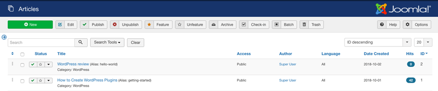 Article management section in Joomla dashboard