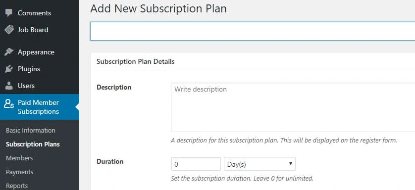 Creating new subscription plans via Paid Member Subscriptions tab