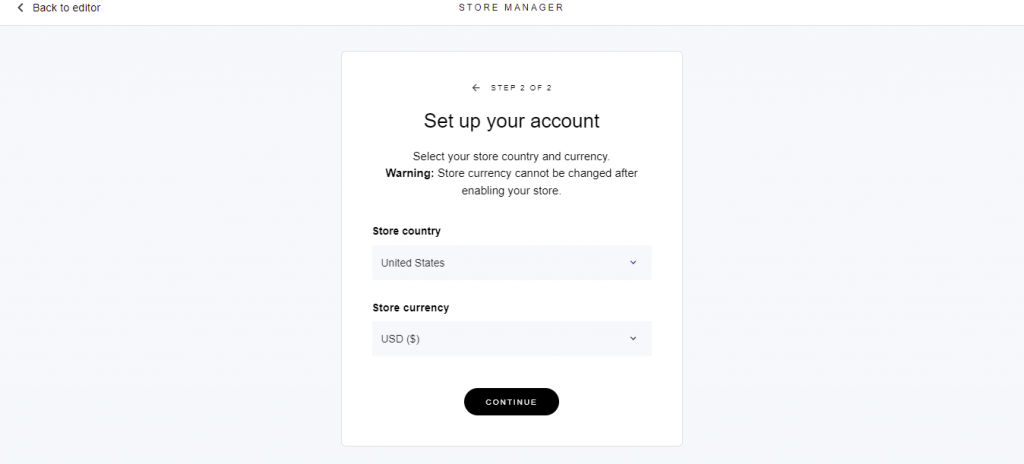 Choosing the Zyro online store's country of origin and currency