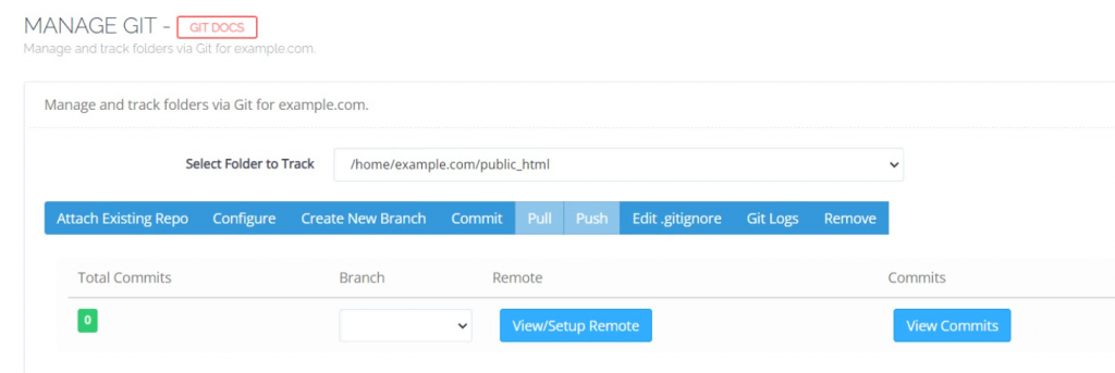 Git management menu in CyberPanel