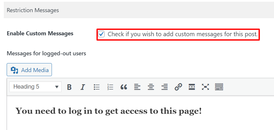 The checkbox to enable custom messages in WordPress