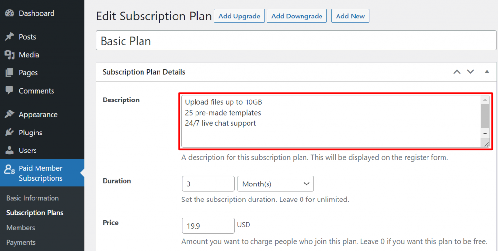 The description box in the Subscription Plan Details