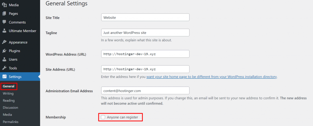 The general settings page in WordPress