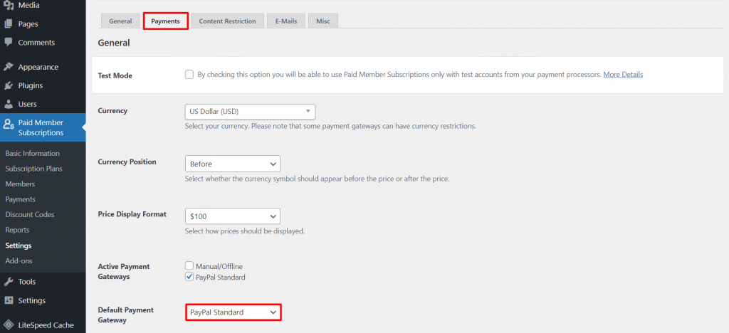 The settings page for payments in the Paid Member Subscriptions plugin