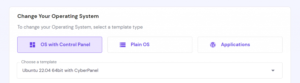 VPS operating system and control panel template selection menu in hPanel