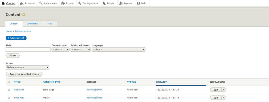 The content section in Drupal dashboard