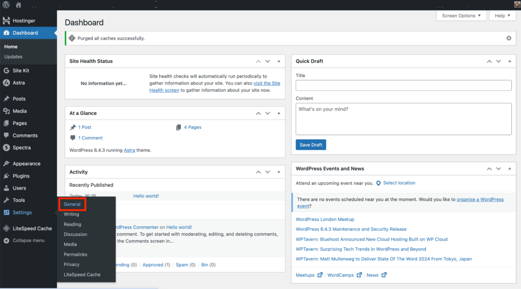 WordPress dashboard with general settings highlighted