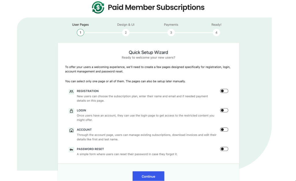 Example of a setup wizard for Paid Member Subscriptions