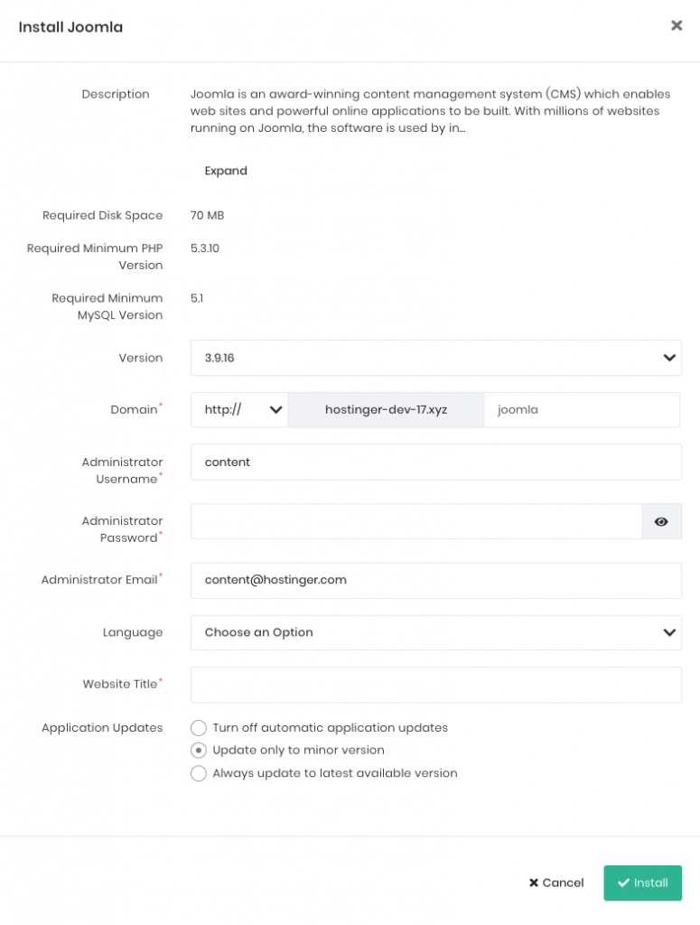 Joomla CMS installation wizard