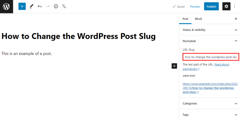 A WordPress slug example for posts