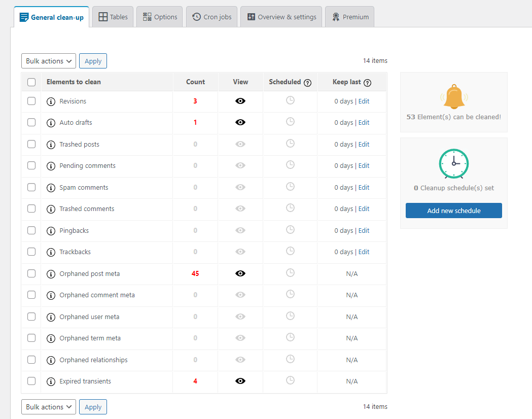 Advanced Database Cleaner plugin dashboard, showing the General clean-up tab.