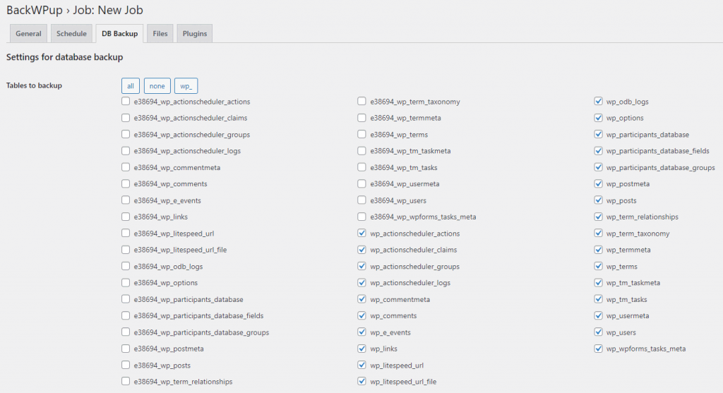 BackWPup plugin settings page, showing the database backup settings.
