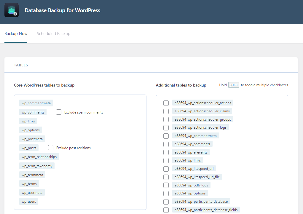 Database Backup for WordPress plugin dashboard, showing the table backup settings.