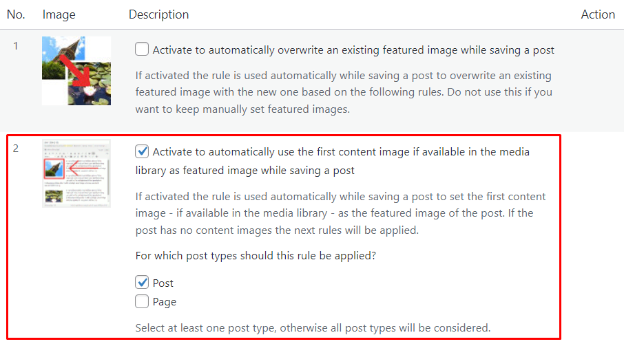 Quick Featured Images settings panel, with the highlighted section to activate automated featured images