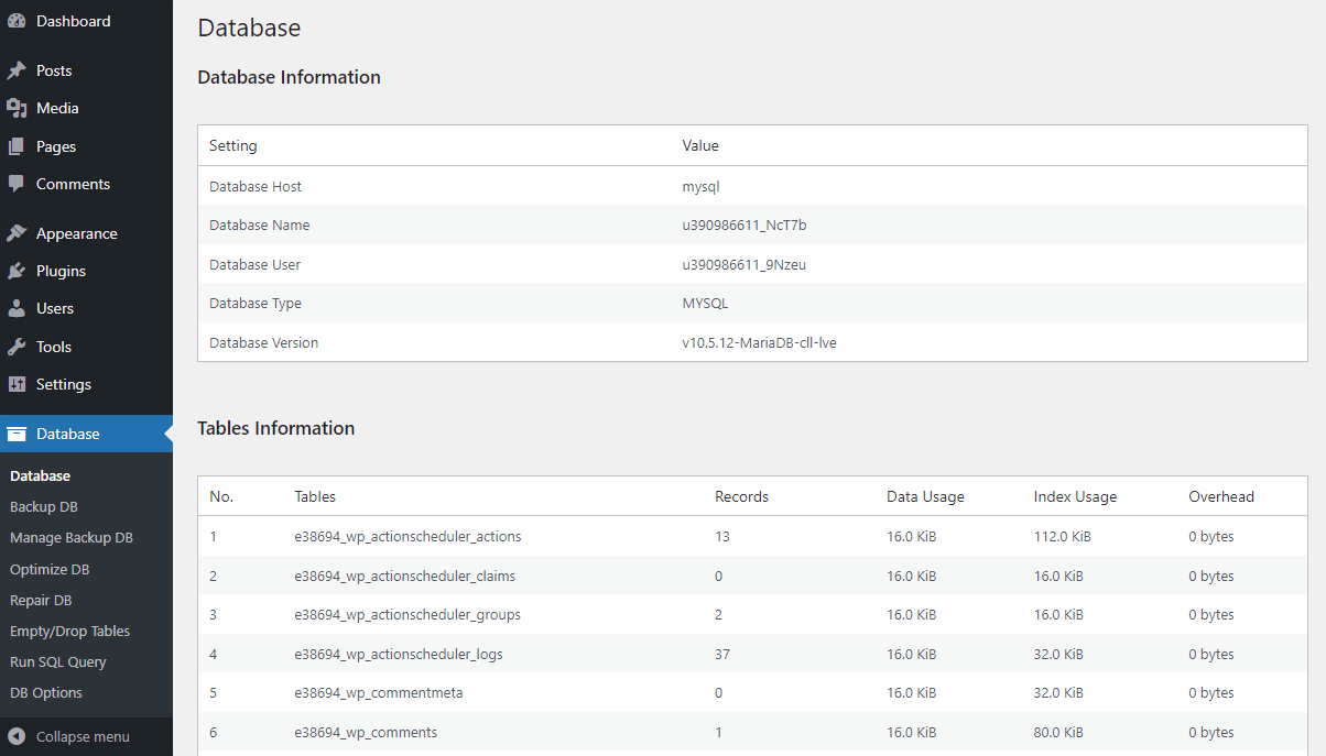 The WP-DBManager plugin dashboard