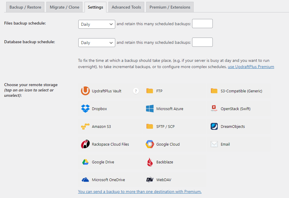 The settings page of the UpdraftPlus plugin