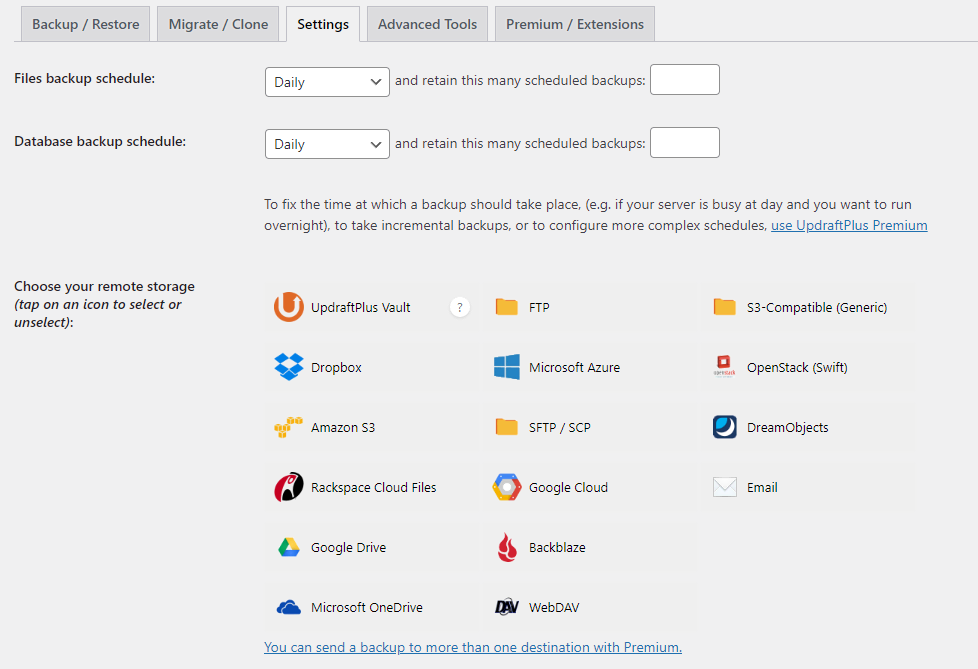The settings page of the UpdraftPlus plugin