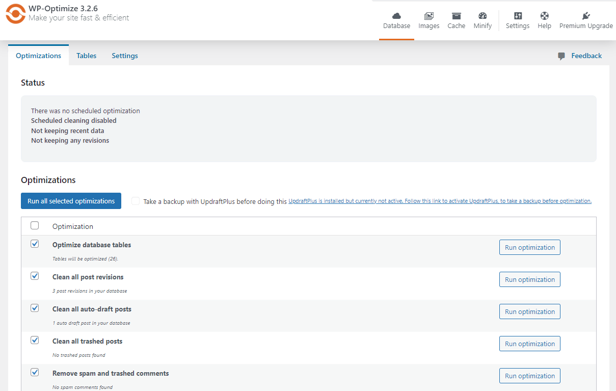 WP-Optimize database dashboard, showing the optimization settings