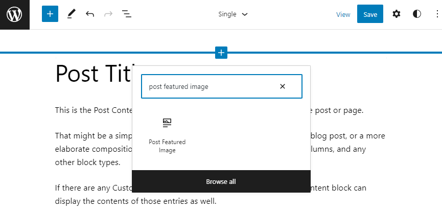 WordPress Site Editor, showing the block inserter to the add post featured image block
