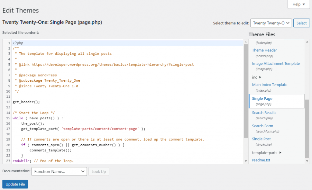 WordPress theme file editor with the single page template selected for editing