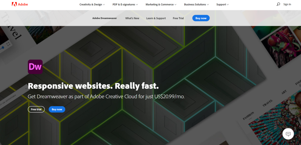 Screenshot of the Adobe Dreamweaver CC website