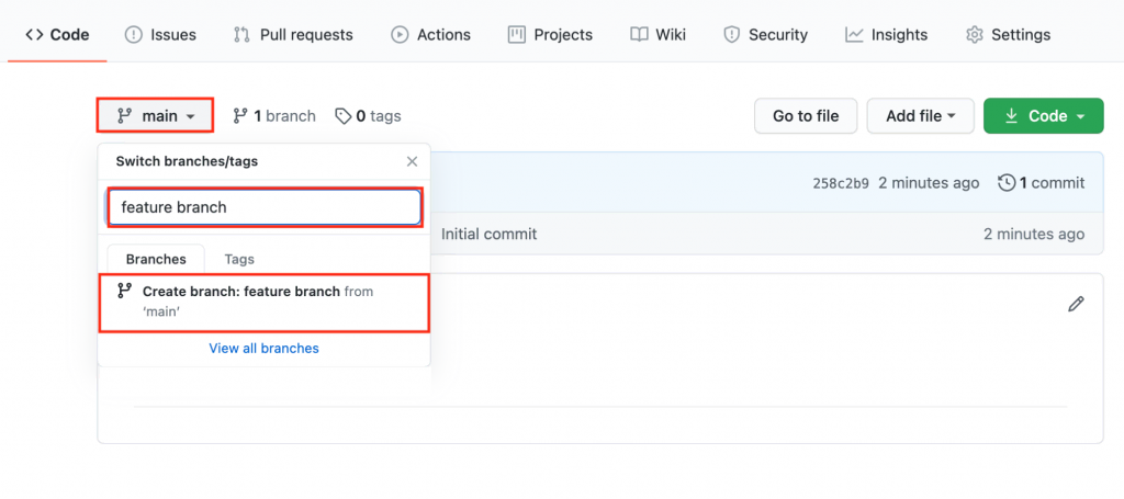 Create branch in GitHub