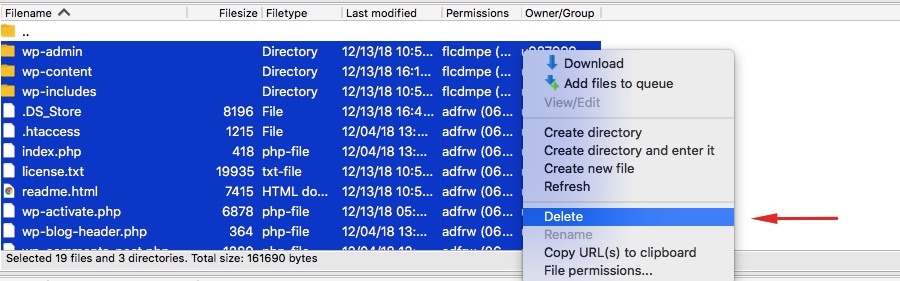 Deleting all the WordPress files via an FTP like FileZilla