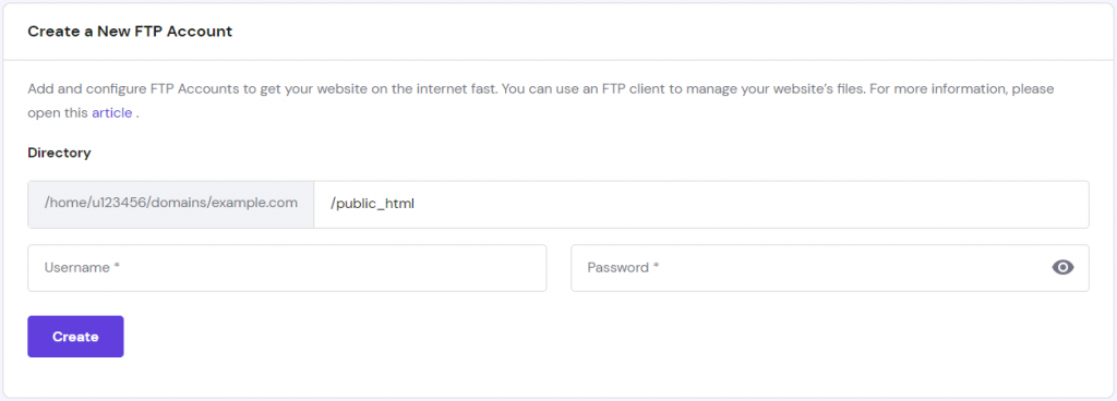 Creating a new FTP account via hPanel