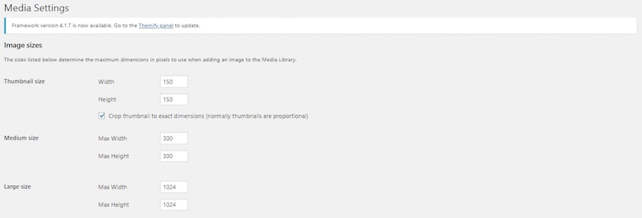 WordPress image sizes media settings