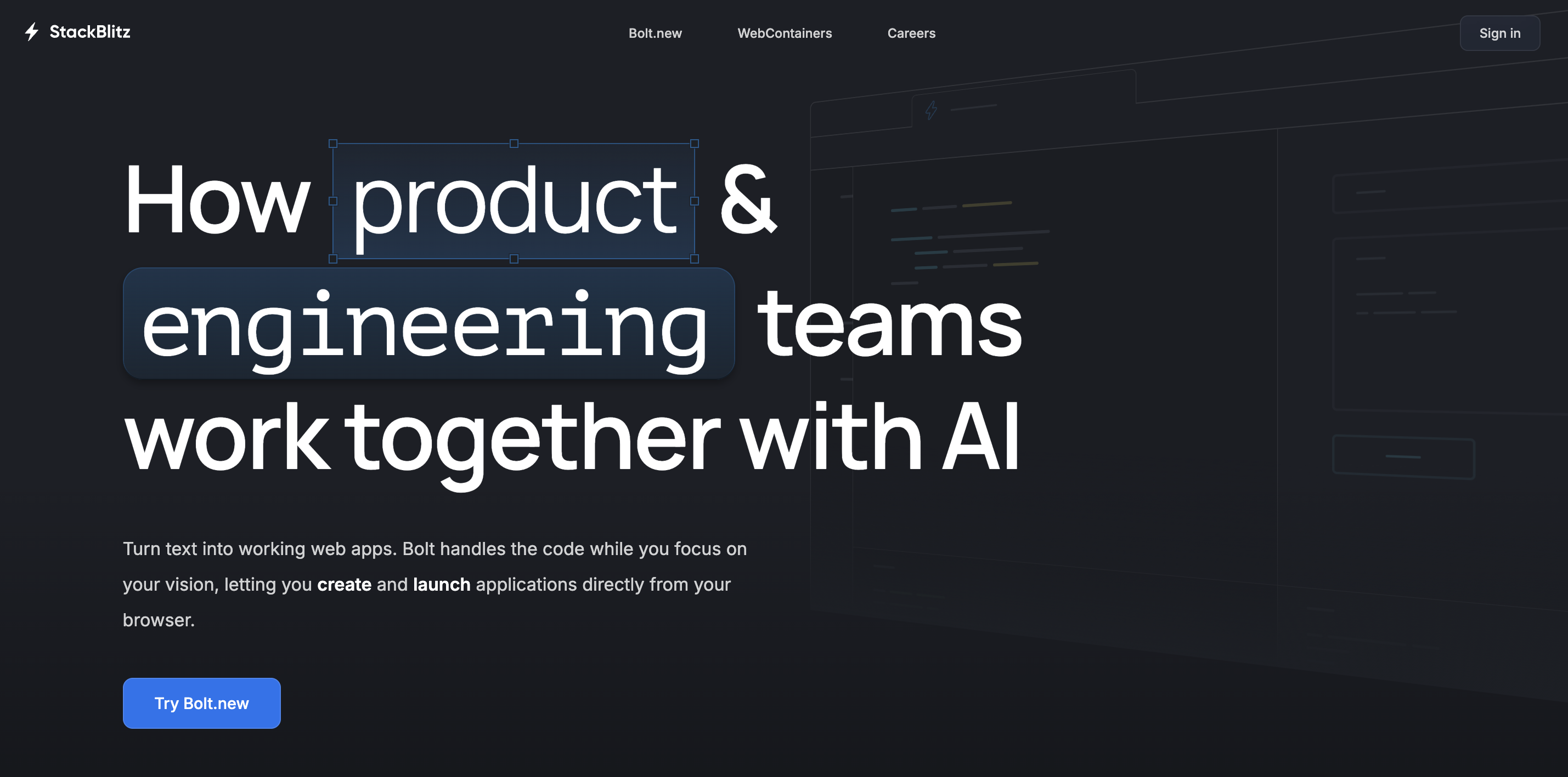 StackBlitz website landing page