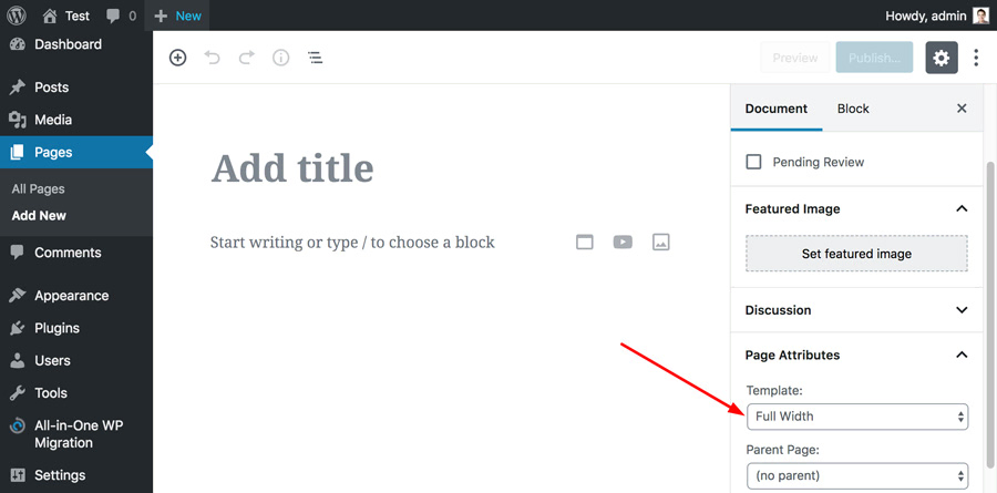 Choosing the Full Width template in the Page Attributes section within the page's Document settings