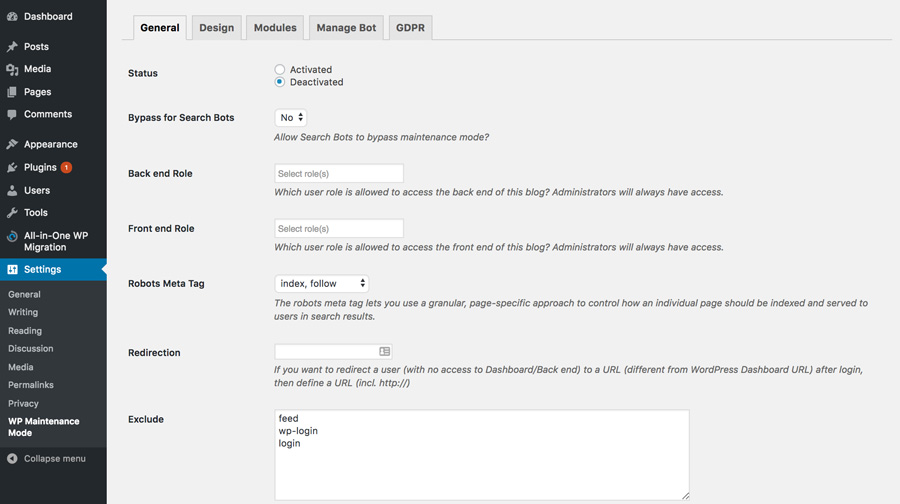 WordPress maintenance mode general settings
