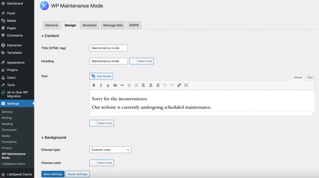 WP maintenance mode design settings