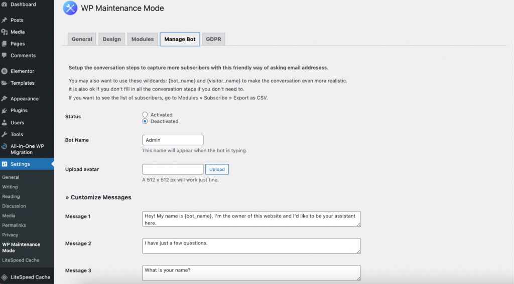 WP Maintenance Mode Manage Bot settings