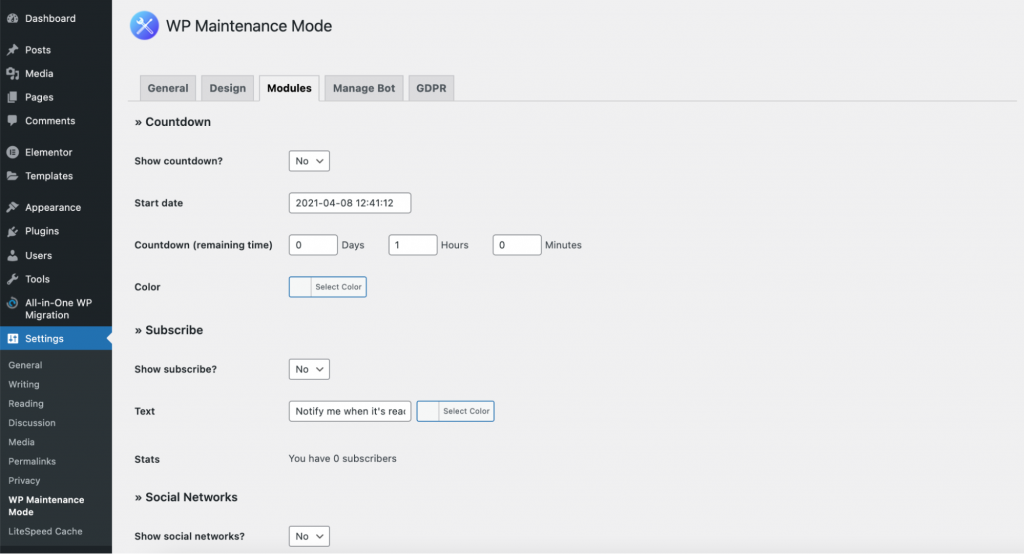 WP maintenance mode modules settings