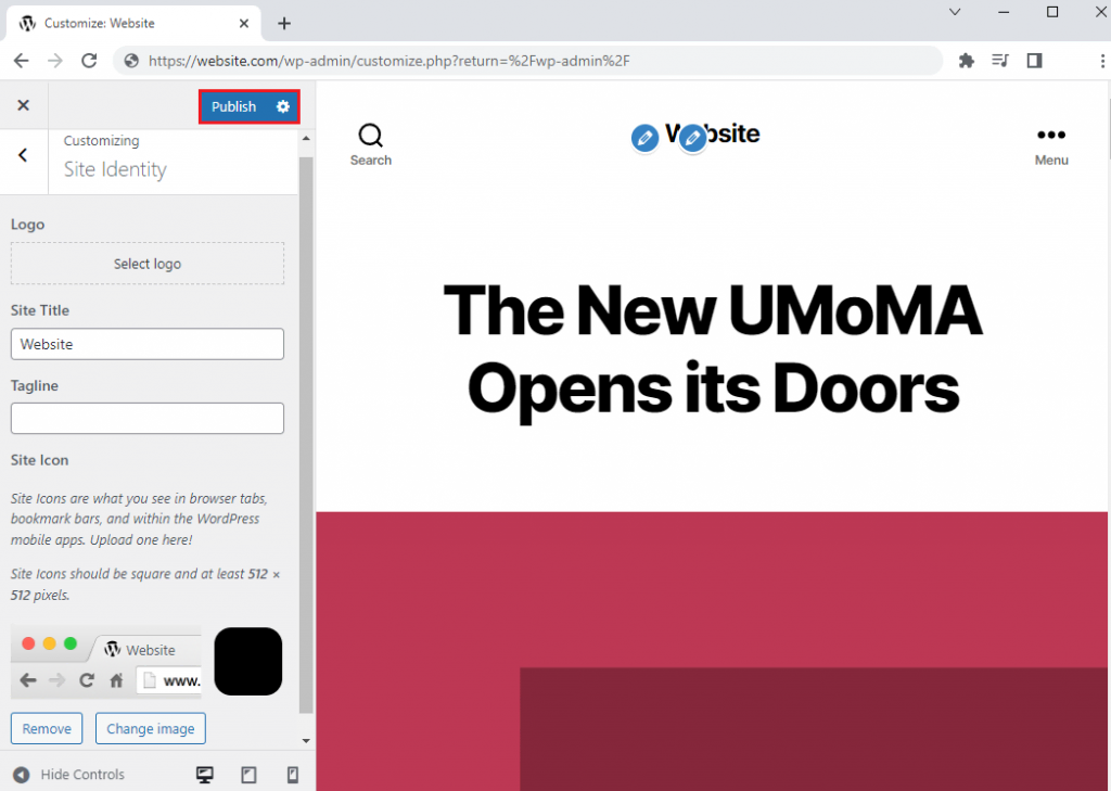 Chrome browser tab showing the WordPress Customizer interface, with the new favicon and the highlighted publish button