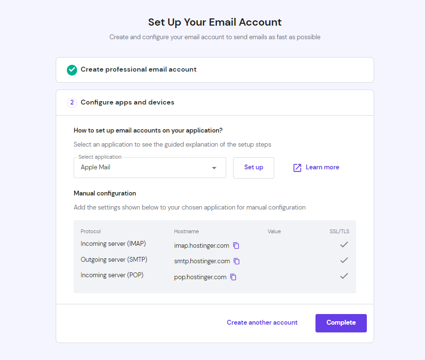The Configure apps and devices step in the Set Up Your Email Account screen on hPanel
