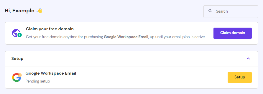 The Setup button next to Google Workspace Email on hPanel
