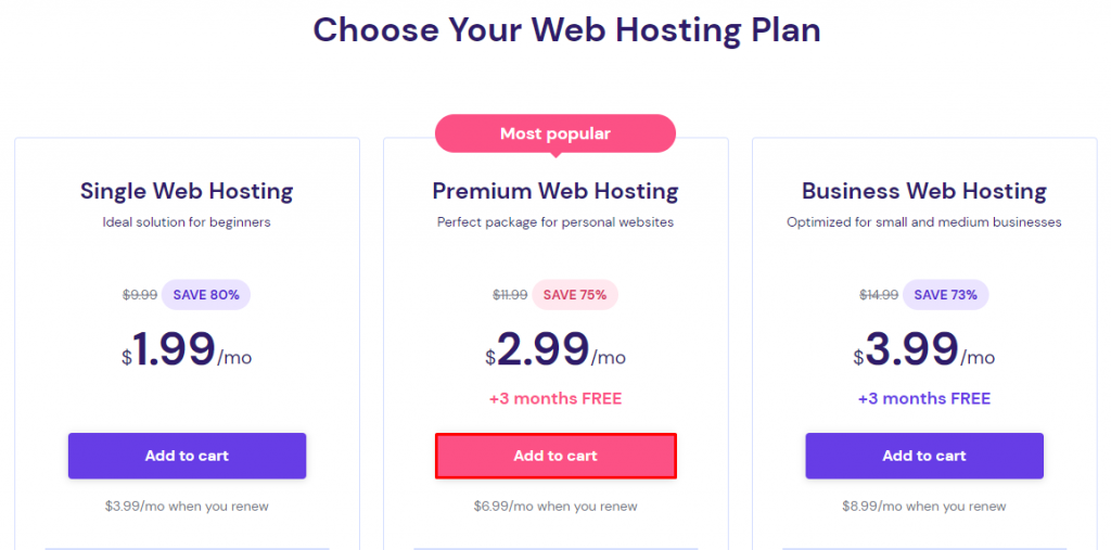 Hostinger's Choose Your Web Hosting Plan section with the Add to cart button highlighted