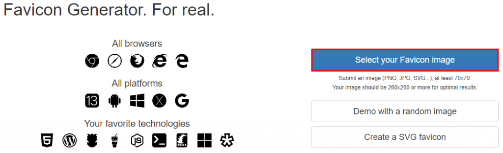 RealFaviconGenerator homepage, with the highlighted select your favicon image button