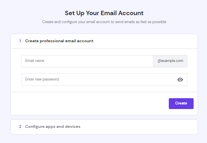 The Create professional email account step in the Set Up Your Email Account screen on hPanel
