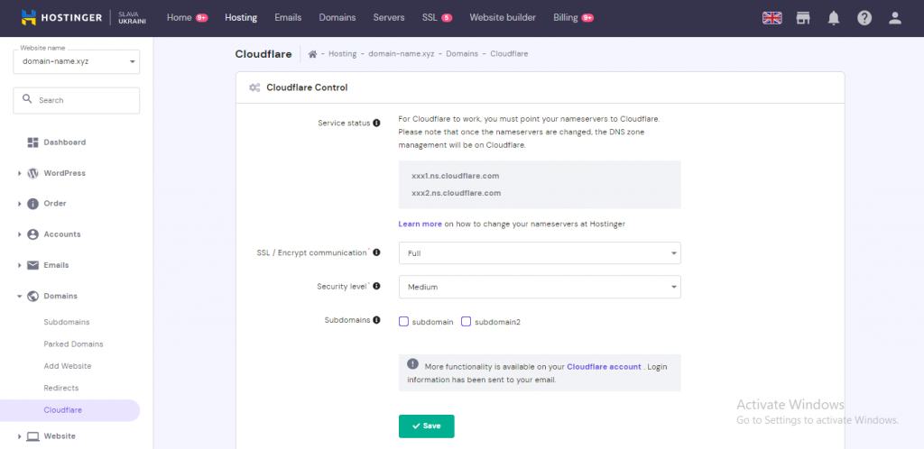 The Cloudflare control settings on Hostinger's hPanel