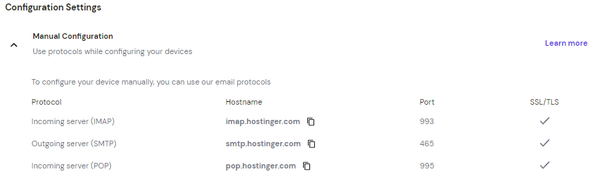 The Configuration Settings section on hPanel